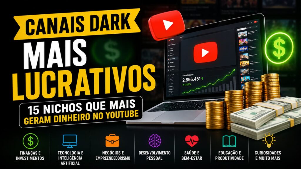 Canais Dark Mais Lucrativos: 15 Nichos Que Mais Geram Dinheiro no YouTube 1 Infográfico mostrando os canais dark mais lucrativos e os nichos com maior potencial de ganhos no YouTube.
